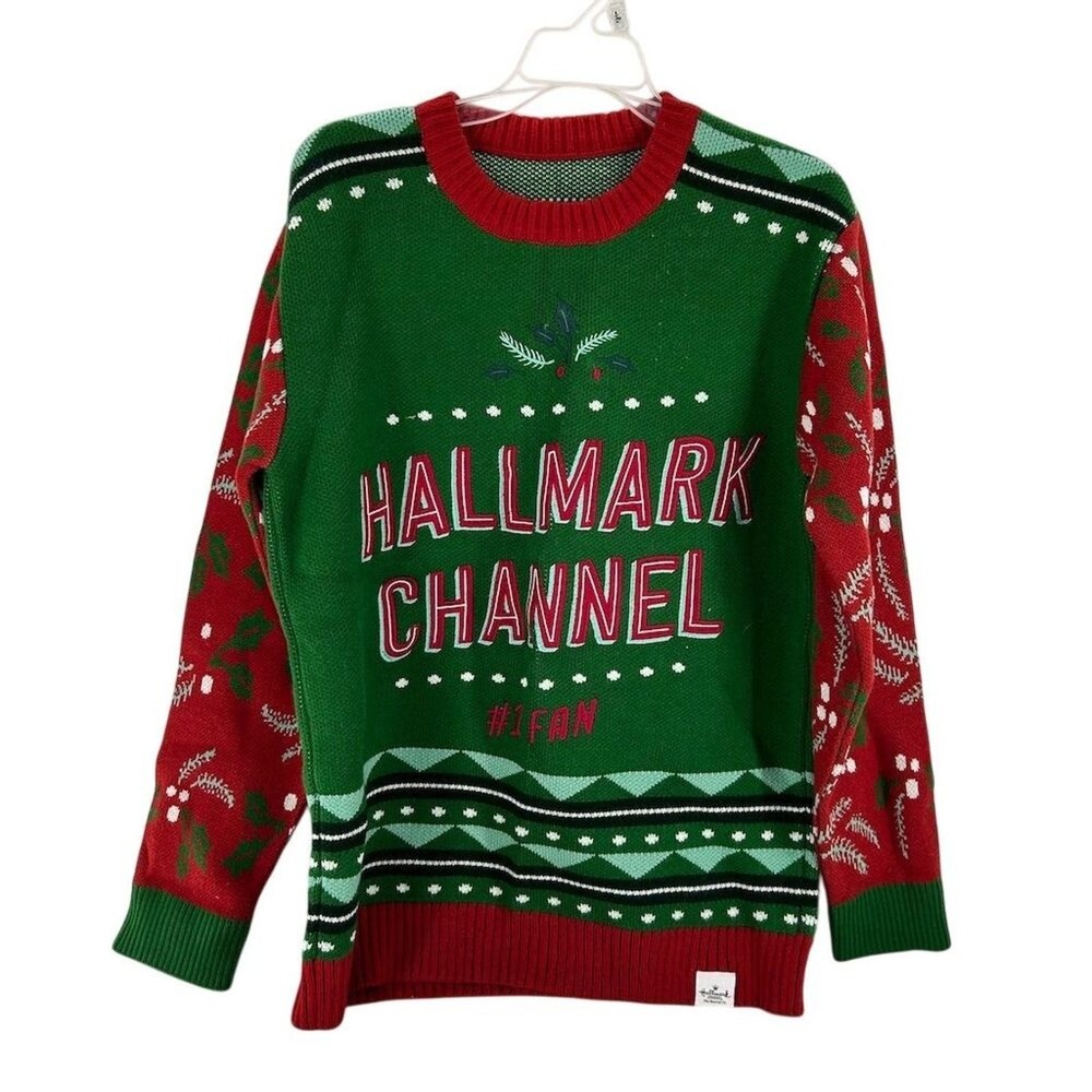 Hallmark Channel Sweater Unisex Large Green Red #1 Fan Christmas Ugly Holiday